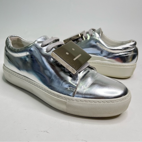 ACNE STUDIOS Adriana Silver Metallic Calf Leather Emotion Plate Face Sneakers - Picture 2 of 14